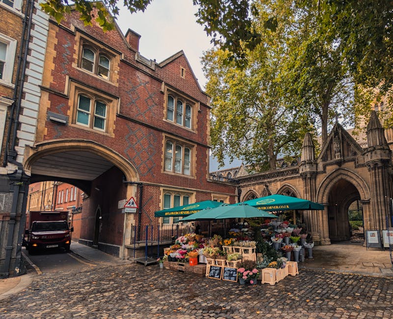 A flower stall situated on a cobblestone street beneath a green canopy branded with the floristcastelnau.co.uk website, displaying a vibrant variety of fresh flowers including pink roses, white lilies