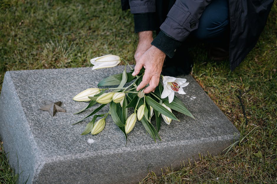 A person placing a floral tribute consisting of white lilies with open blooms and closed buds, along with long green leaves, onto a gray granite memorial stone at a cemetery. The flowers are arranged 