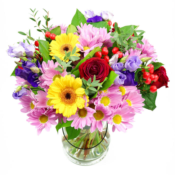 The bouquet displayed here is a vibrant celebration of colour and form, composed in a clear glass vase and set before a pure white background that allows each bloom to shine. At its centre, deep red roses open in velvety layers, their rich hue lending the arrangement a timeless, romantic core. Just near them, two bright yellow gerbera daisies with dark brown-orange centres create an immediate sense of cheer, their daisy-like faces turned outward as if greeting guests arriving at a Castelnau doorstep. Encircling these focal flowers, soft pink daisies or chrysanthemums stretch out in gentle clusters, thousands of fine petals radiating from small yellow centres, adding both volume and an inviting softness. Woven between the pink forms are lisianthus flowers in shades of purple and lavender, some fully open in graceful, bell-shaped blooms, others in elongated buds, giving the bouquet movement, depth, and a touch of cool refinement. At intervals, glossy red hypericum berries dot the composition, their small, rounded forms and lacquered finish bringing a playful, contemporary edge. A tapestry of greenery supports everything: broad, dark leaves provide a solid backdrop, while slimmer, lighter green sprigs weave through the flowers, echoing the natural foliage of nearby river paths and gardens. The transparent vase reveals neatly cut stems gathered together in clear water, underscoring the professional care and freshness of the design. Overall, the arrangement feels joyful yet composed, ideal for a birthday celebration, a thank-you gift, or a bright centrepiece for a Castelnau dining table, radiating warmth, elegance, and the quiet pleasure that fresh flowers bring.